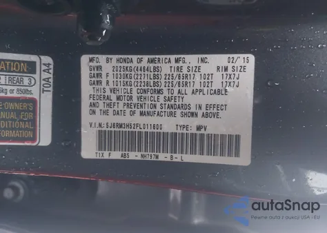 2015 Honda Cr-V Ex from USA, damaged, VIN 5J6RM3H52FL011600